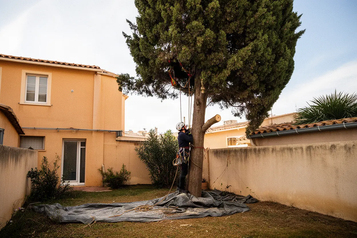 Démontage sécurisé d'un arbre près d'une maison marseillaise