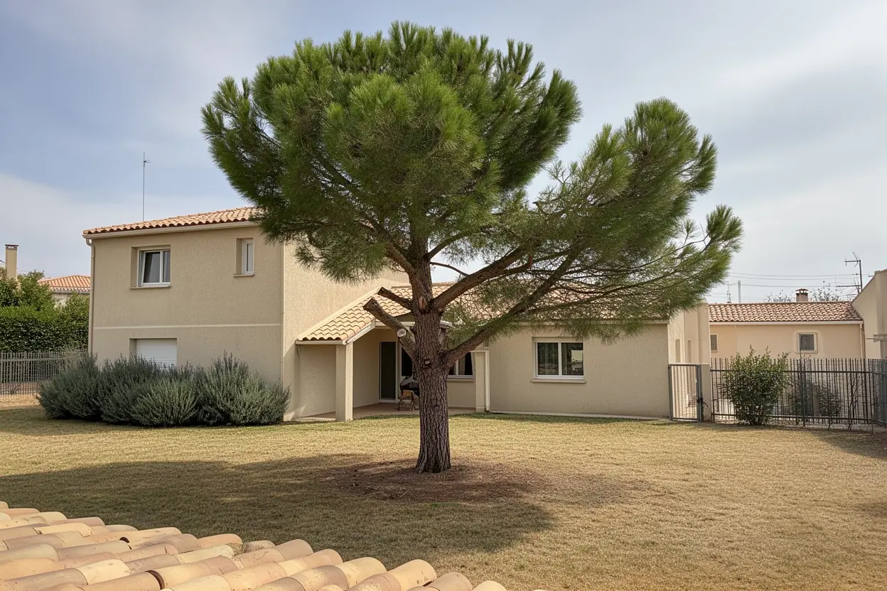 Pin allégé au-dessus de la toiture après élagage à Marignane