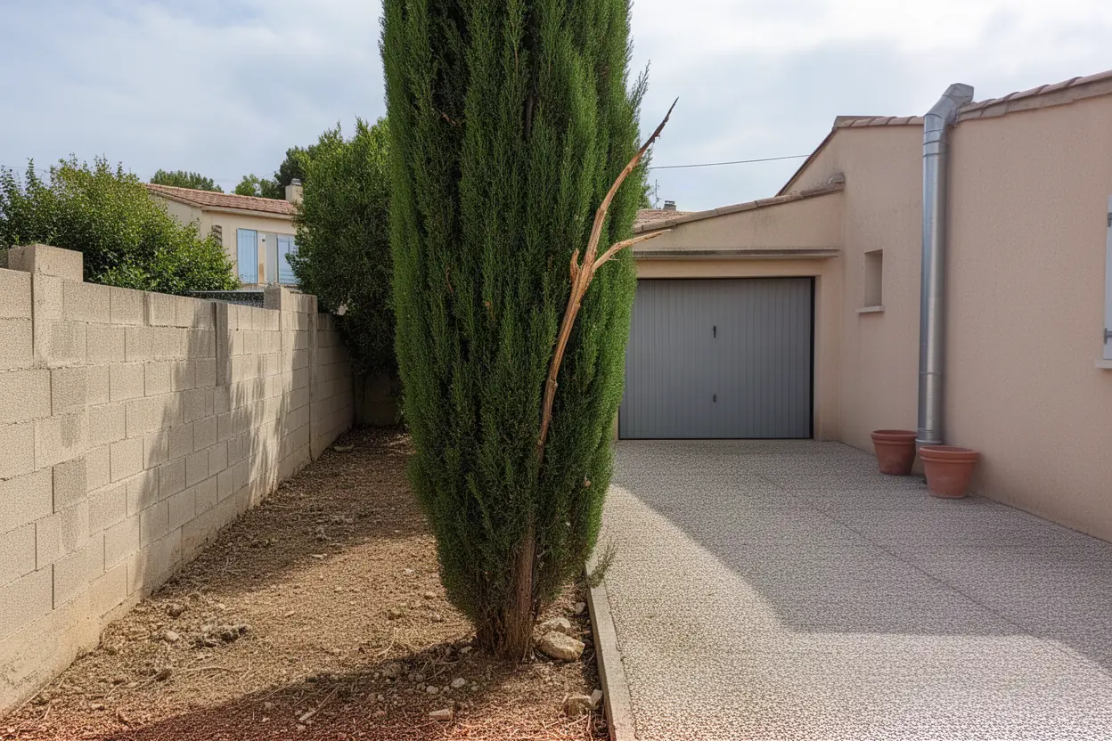 Cyprès avec bois mort avant taille à Aubagne