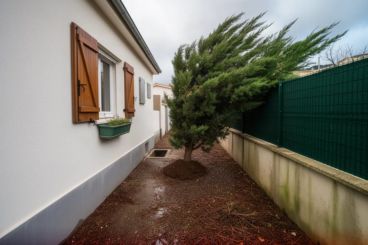 Cyprès incliné près d'une clôture à Plan-de-Cuques
