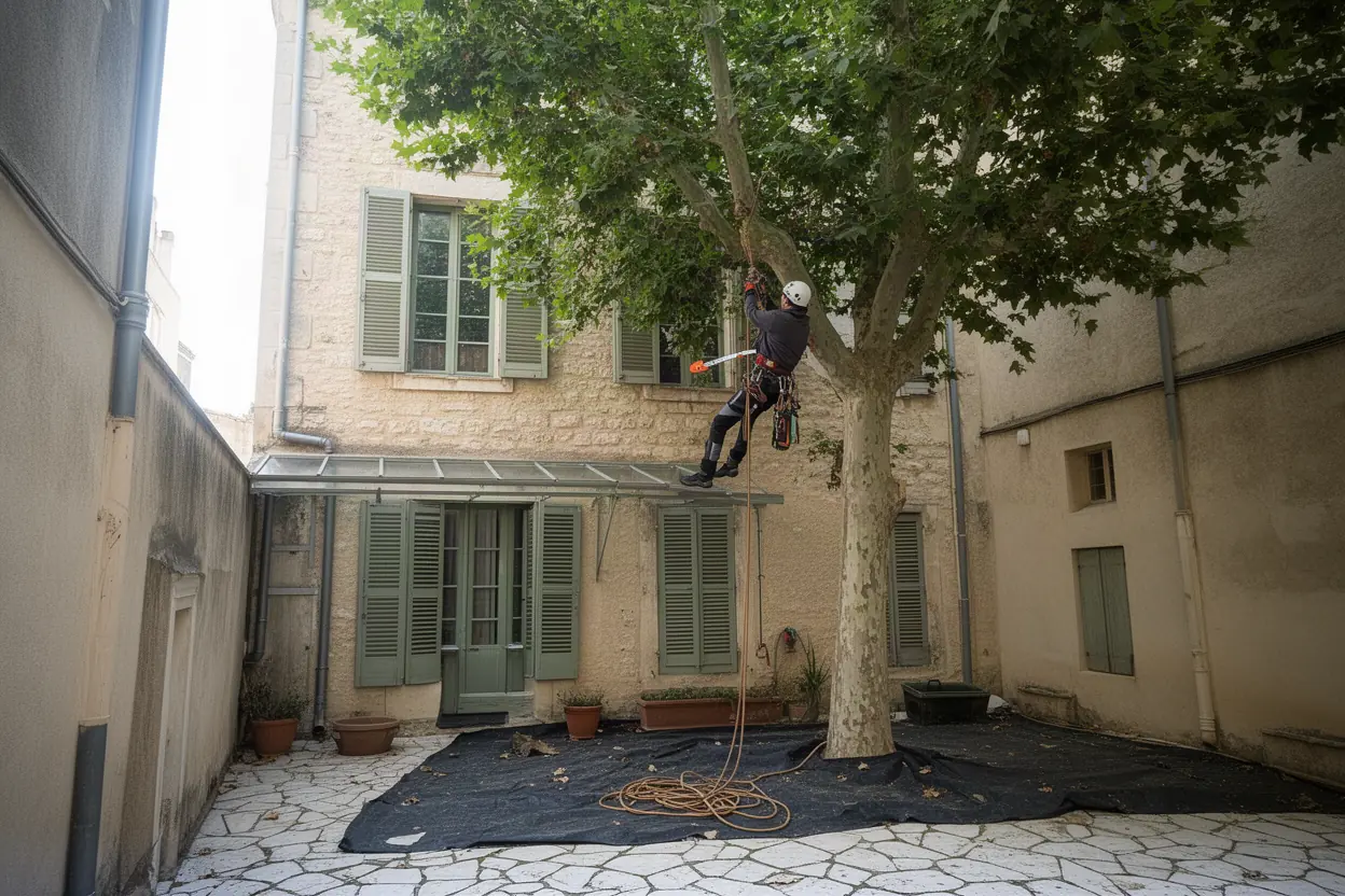 Élagueur grimpeur sur cordes dans un pin à Cassis
