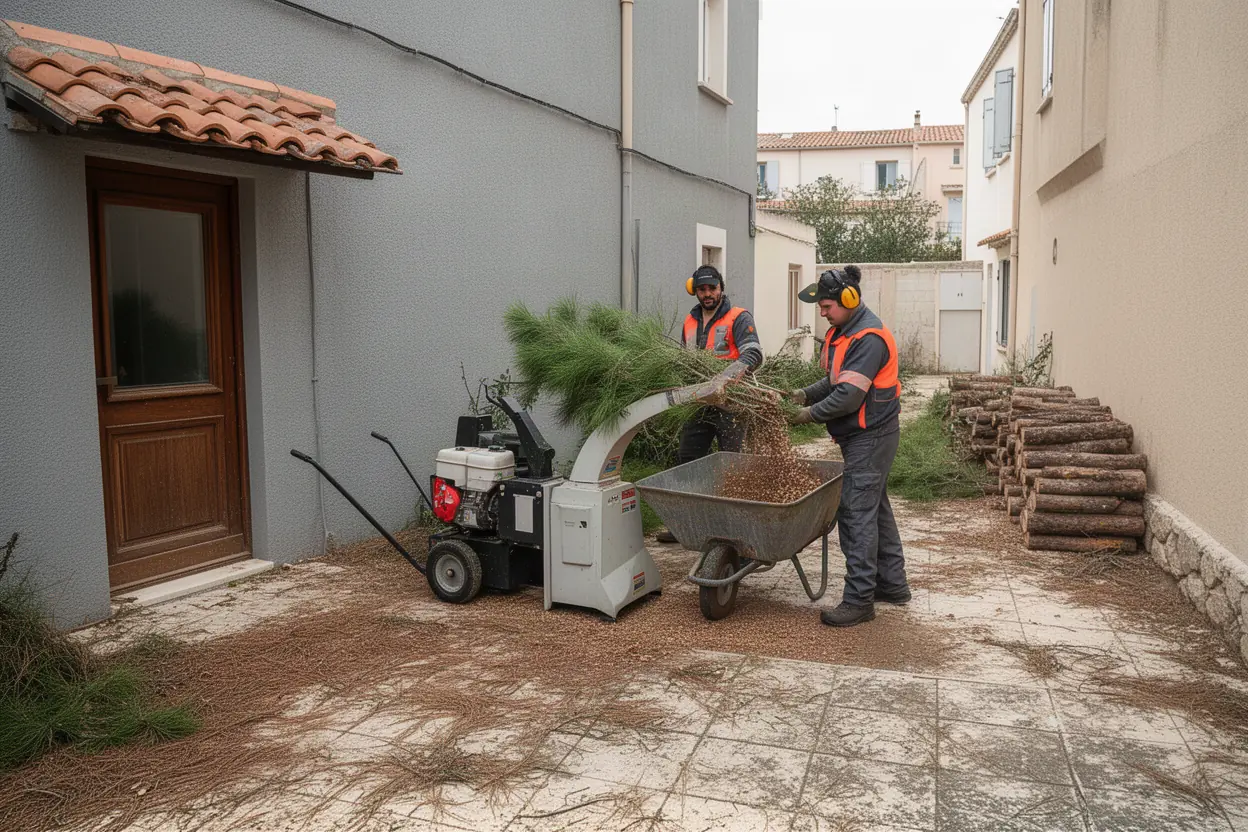 Ramassage de branches après élagage dans un jardin à Cassis