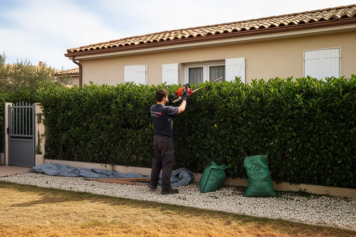 Taille d'une haie de cyprès dans une propriété à Cassis